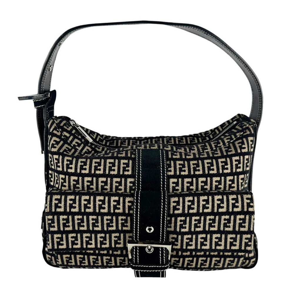 Fendi Zucchino Shoulder Bag Canvas Suede Black Beige Cream